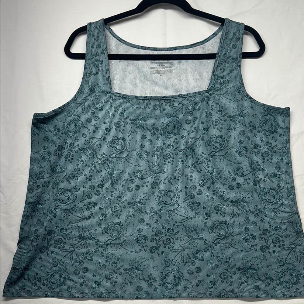 Live 2 Lounge Tank Top Women XL Blue Floral Ribbed Square Neckβ Sleeveless